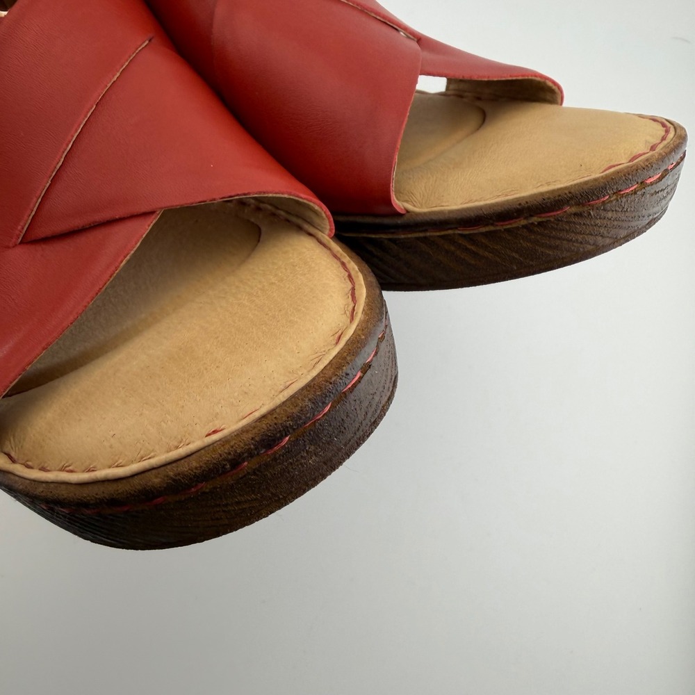 Born Wedge Sandals Women 11M Red Leather Crisscross Slide 3" Heel - Picture 10 of 10